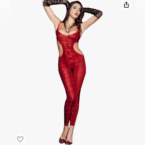 Red and Black Footless python print cut out crotchless bodystocking 🐍❤️